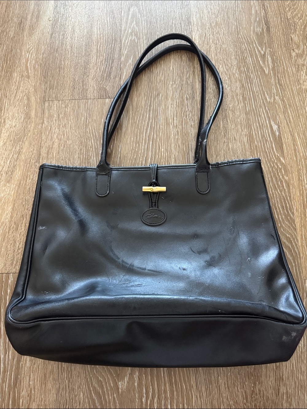 Longchamp Vintage Classic Black Leather Tote with Gold Toggle